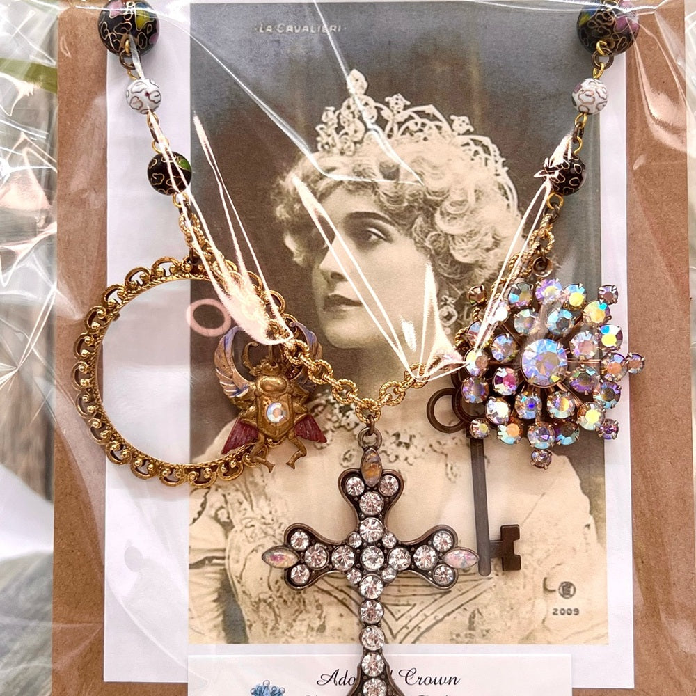 Adorned Crown Jewelry assemblage rhinestone cross eyeglass scarab necklace