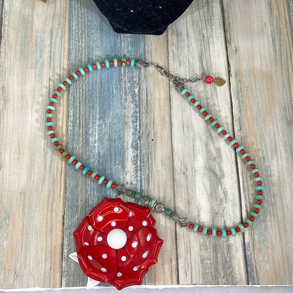 Adorned Crown Artisan assemblage enamel flower Turquoise silver necklace