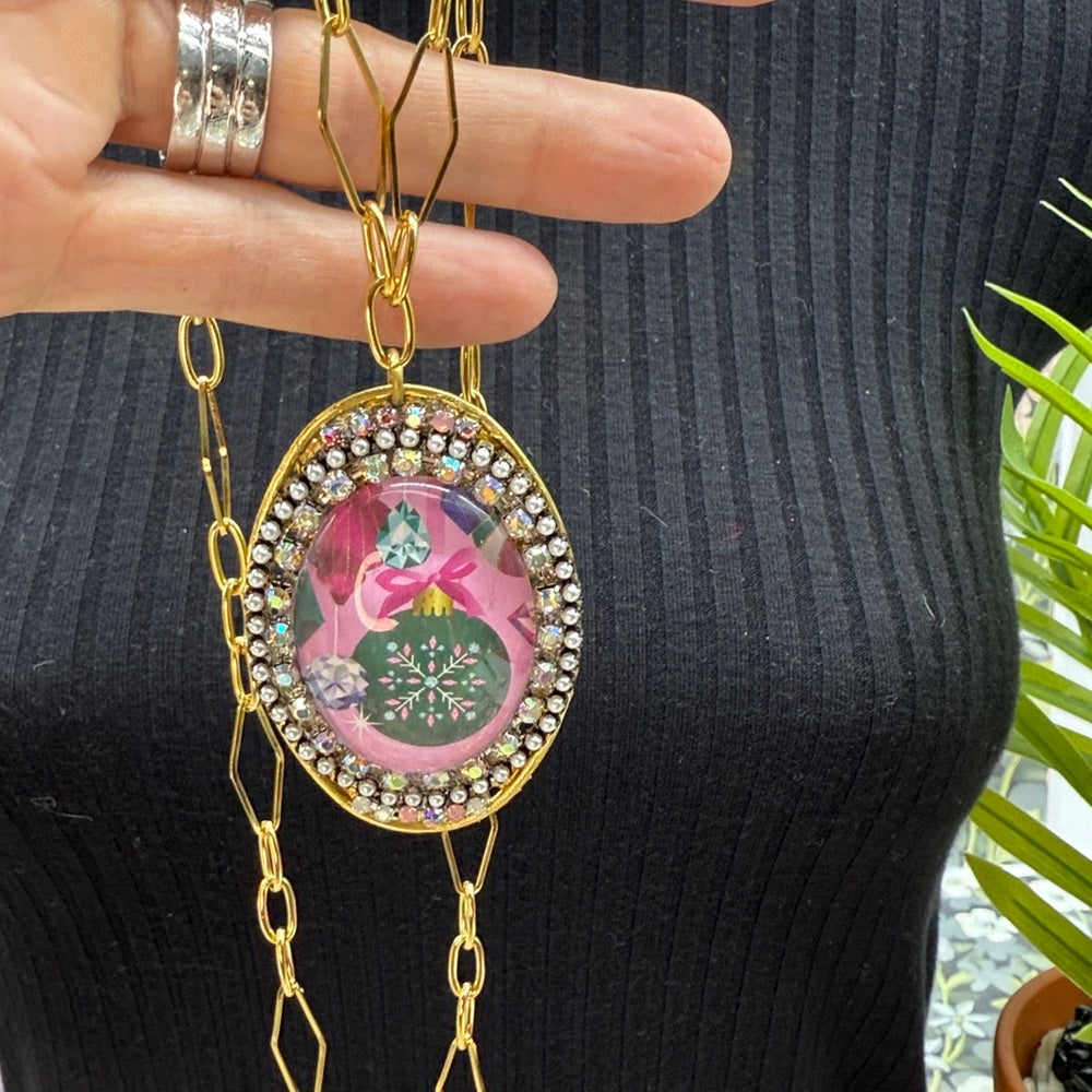 Adorned Crown Jewelry assemblage Christmas rhinestone bezel ornament necklace