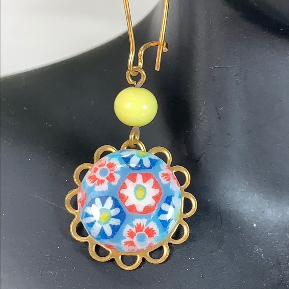 Adorned Crown Artisan assemblage Floral drop yellow bead earrings