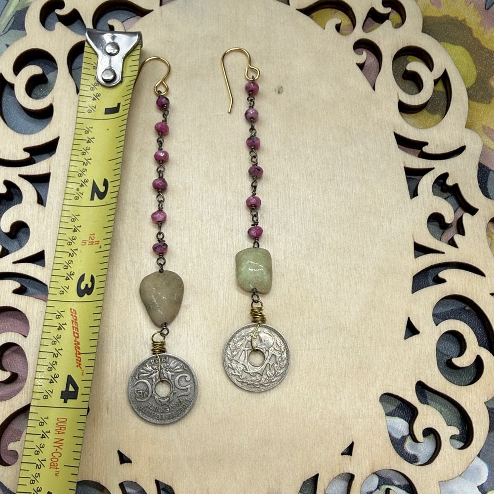 Adorned Crown Jewelry assemblage boho pink green coin stone earrings