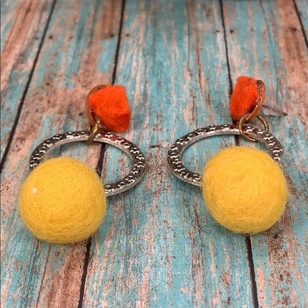Adorned Crown artisan assemblage wool ball geometric textile earrings