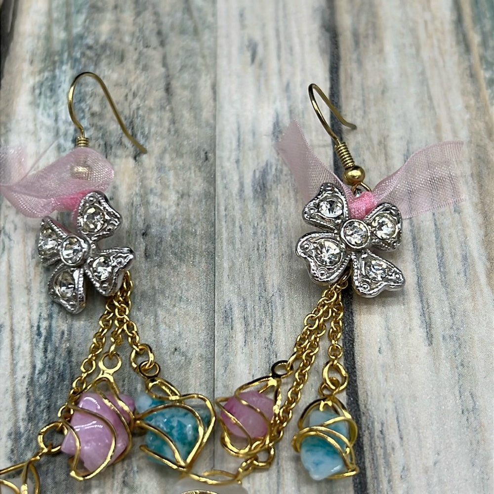 Adorned Crown Jewelry assemblage pink rhinestone bow triple stone earrings