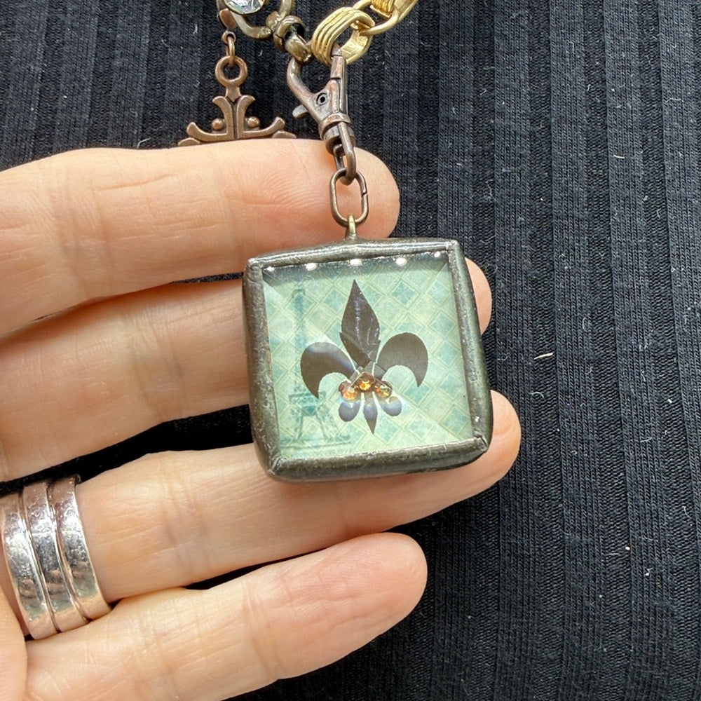 Adorned Crown Jewelry assemblage bezel red crown mix metal dual side necklace