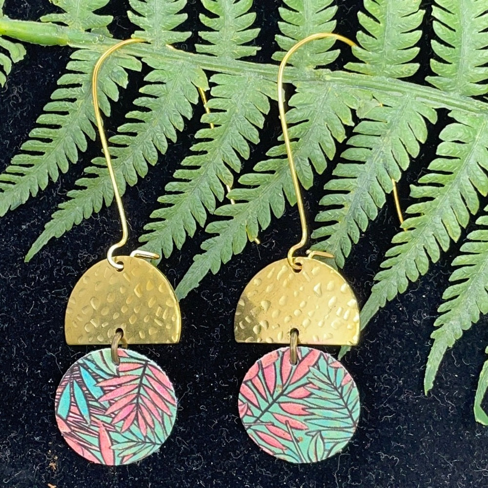Adorned Crown geo tropical floral leather hammered brass earrings