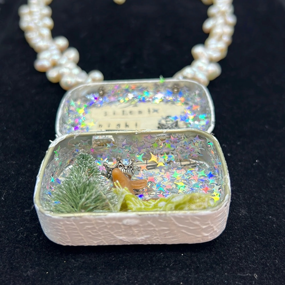 Adorned Crown Jewelry assemblage Christmas silent night shadow box necklace