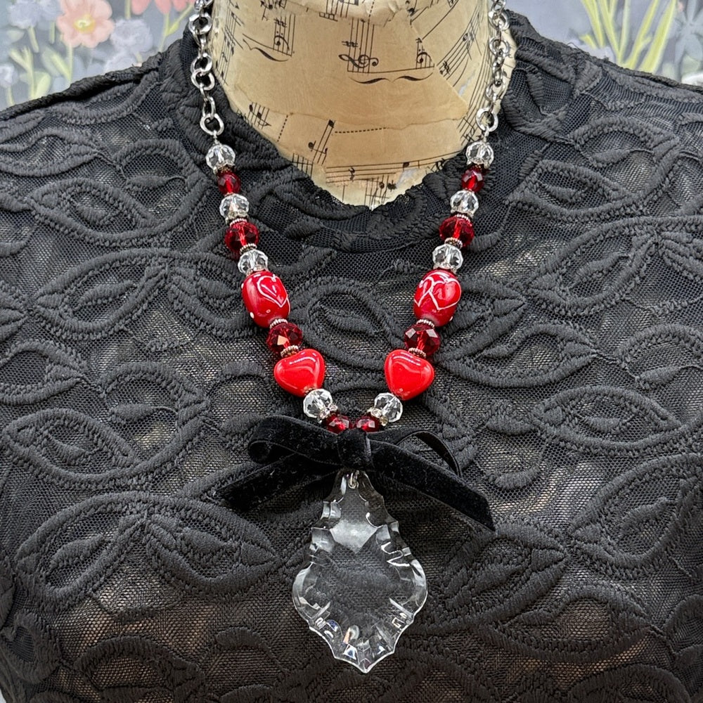 Adorned Crown Jewelry assemblage red heart bead crystal drop ribbon necklace