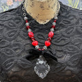 Adorned Crown Jewelry assemblage red heart bead crystal drop ribbon necklace