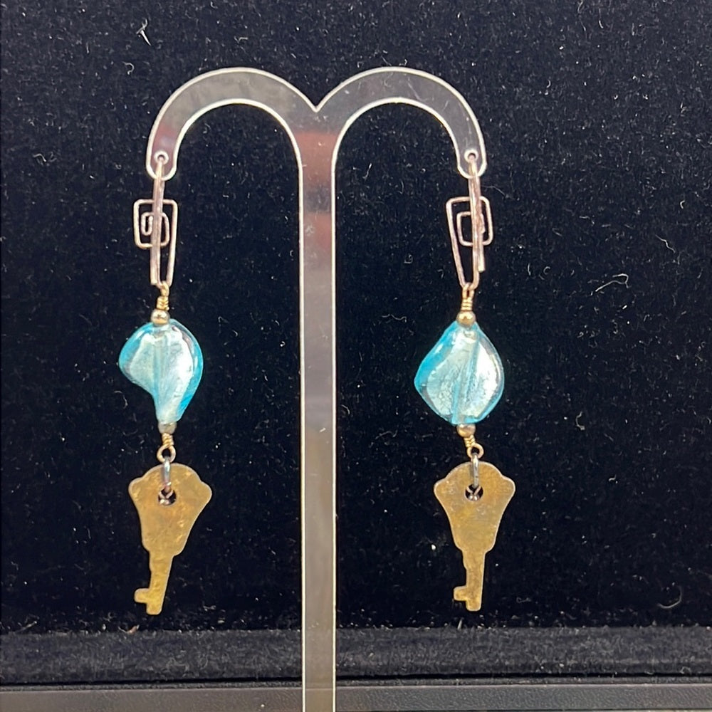 Adorned Crown Artisan Assemblage swirl bead key sterling wire earrings