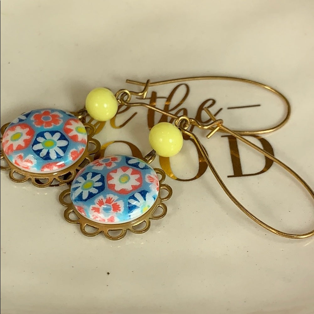 Adorned Crown Artisan assemblage Floral drop yellow bead earrings