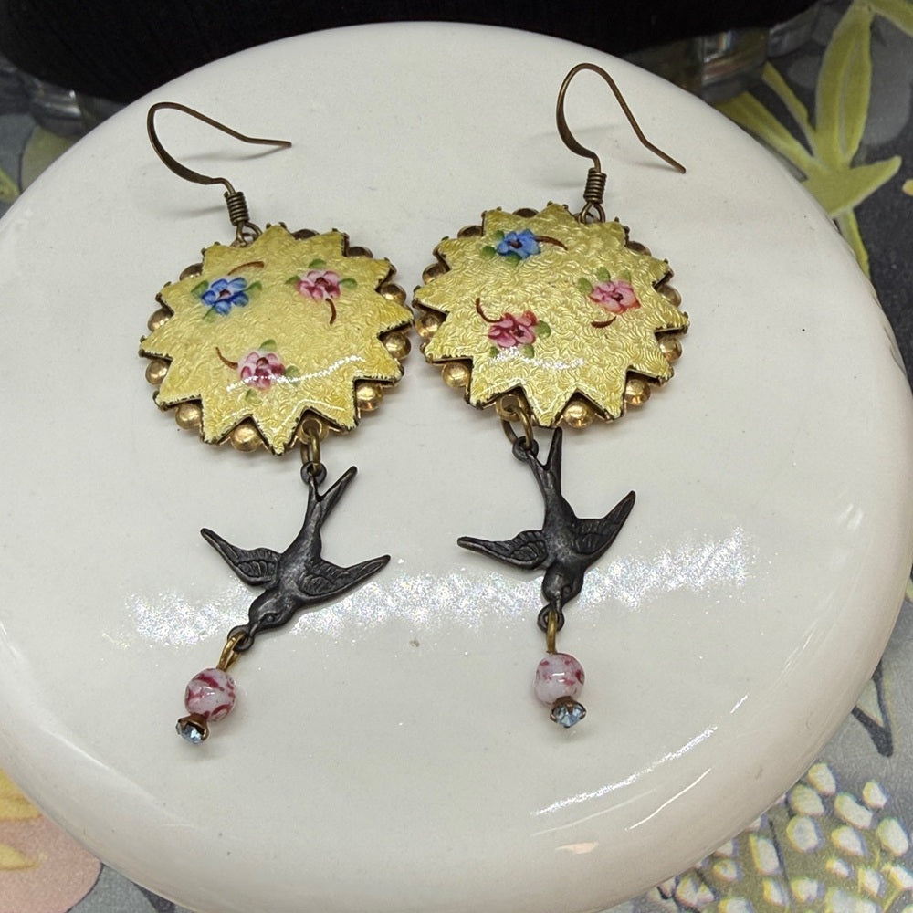 Adorned Crown Jewelry assemblage boho guilloche yellow floral bird earrings
