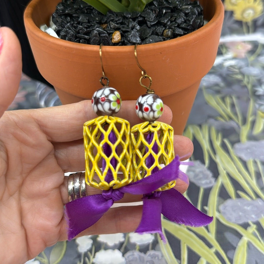 Adorned Crown Jewelry assemblage yellow cage lamp work glass purple earrings