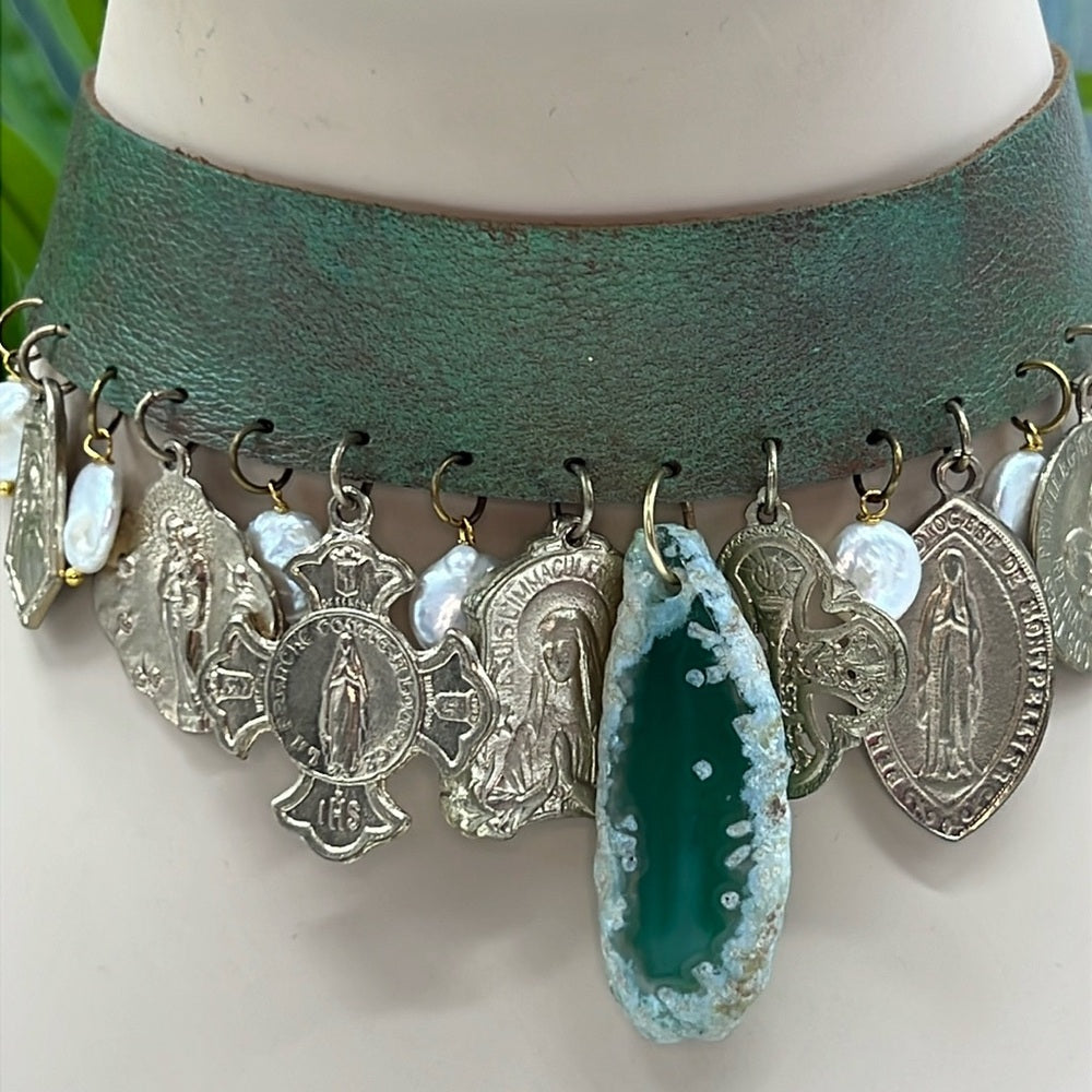 Adorned Crown Jewelry steampunk leather choker religious charm pearl necklace