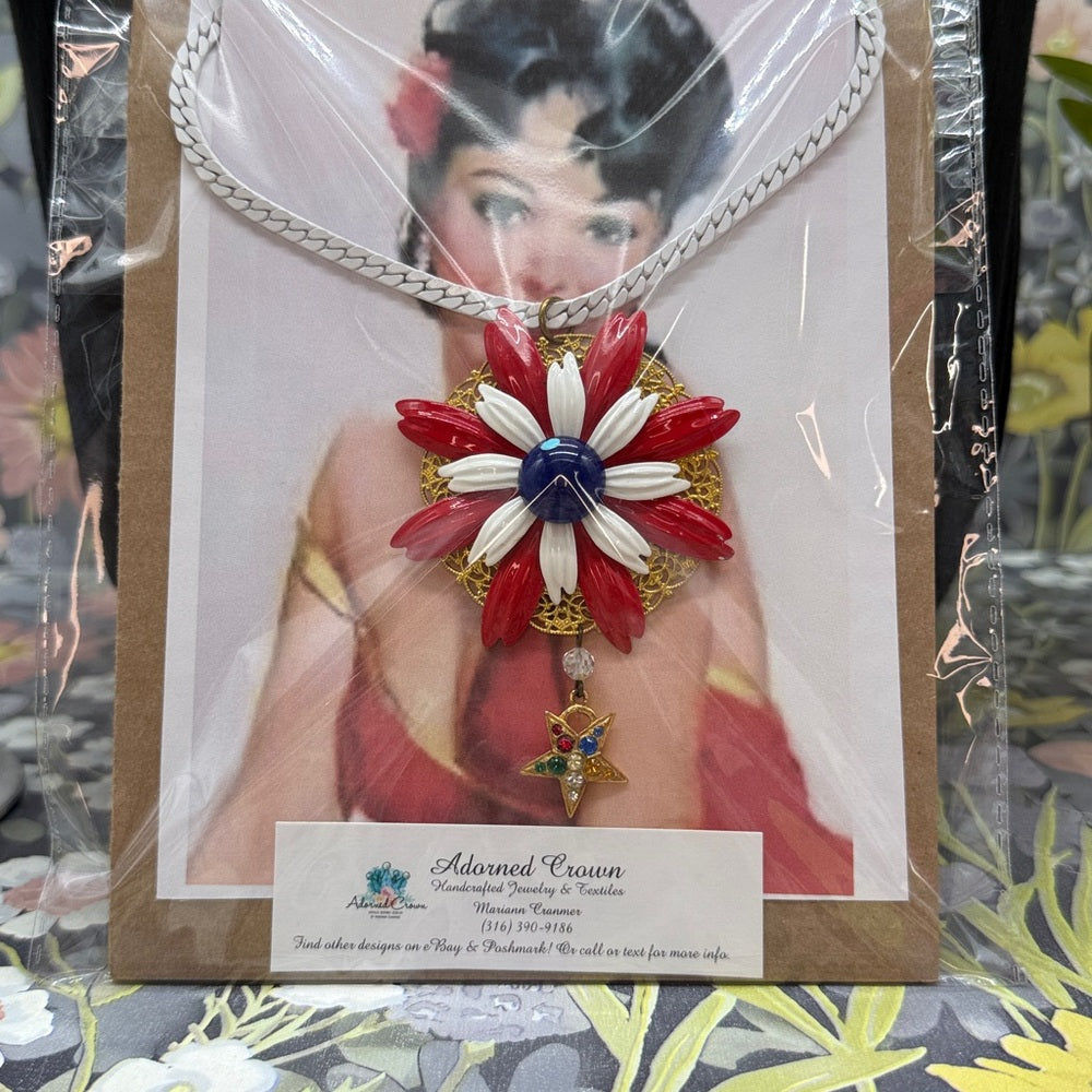 Adorned Crown Jewelry assemblage red white blue enamel flower Star necklace