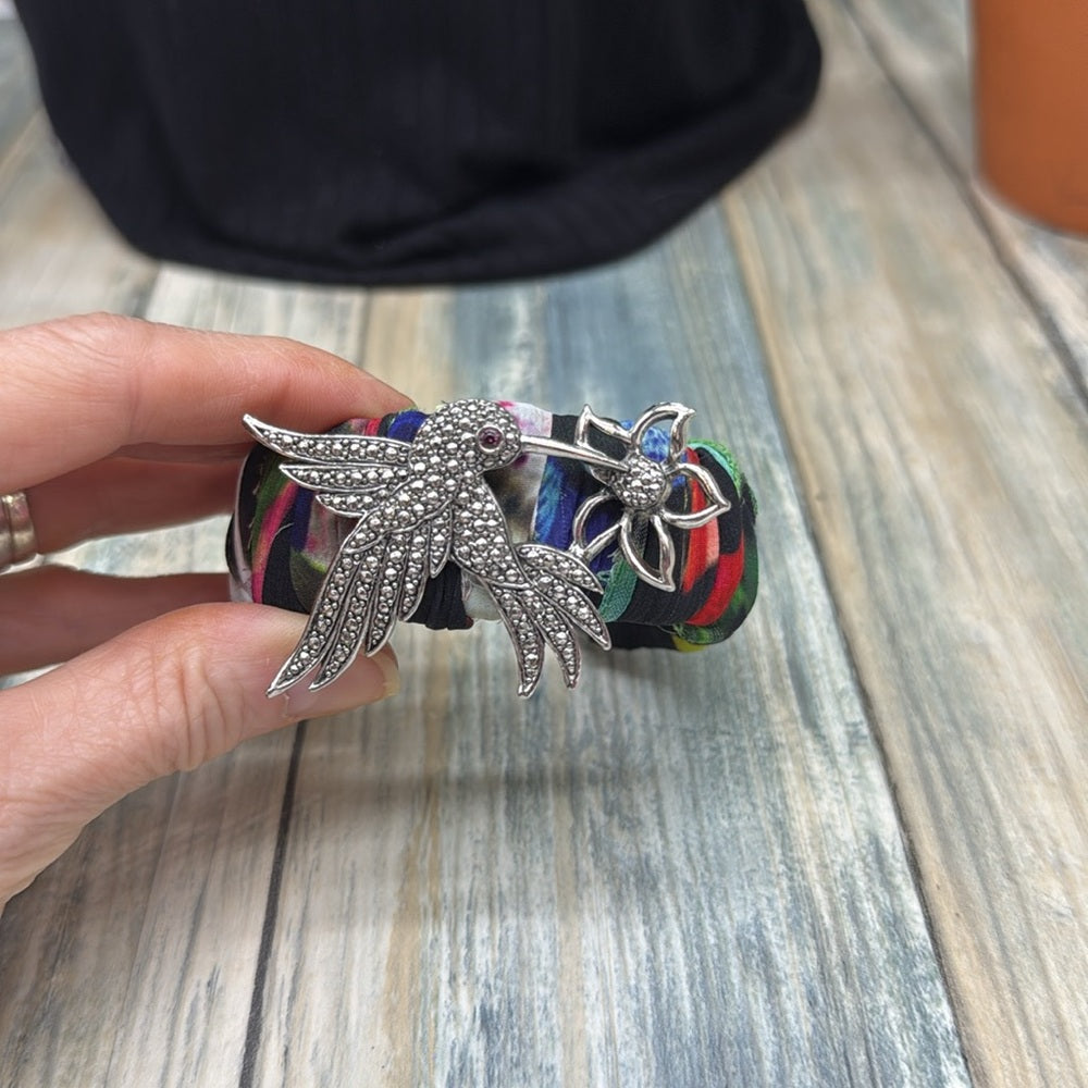Adorned Crown Jewelry assemblage Hummingbird Multicolor Fabric cuff bracelet