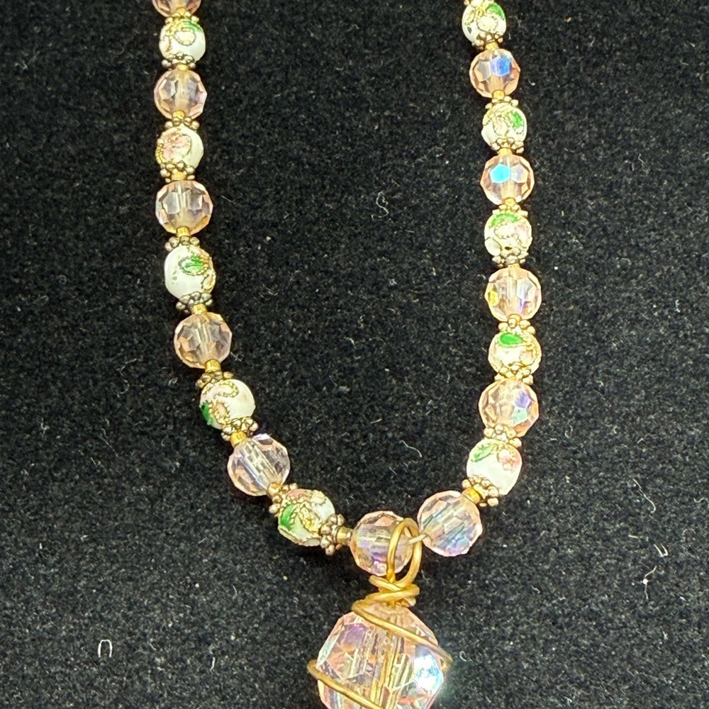 Adorned Crown Jewelry assemblage pink cloisonné crystal bead spoon necklace