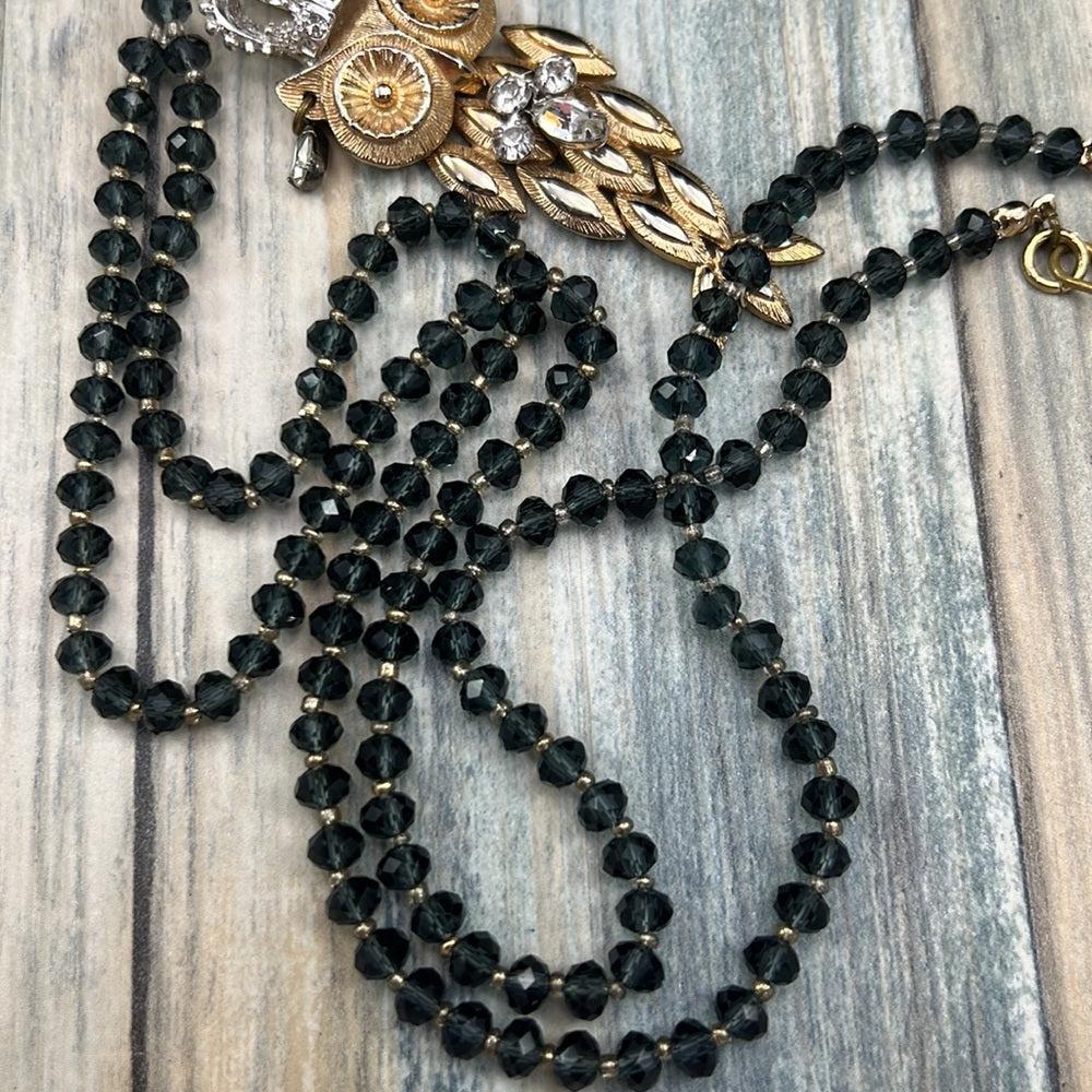Adorned Crown Artisan Assemblage crowned owl rhinestone beaded long necklace