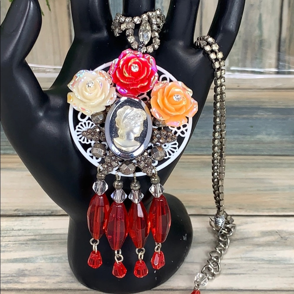 Adorned Crown artisan assemblage red cameo cluster crystal necklace
