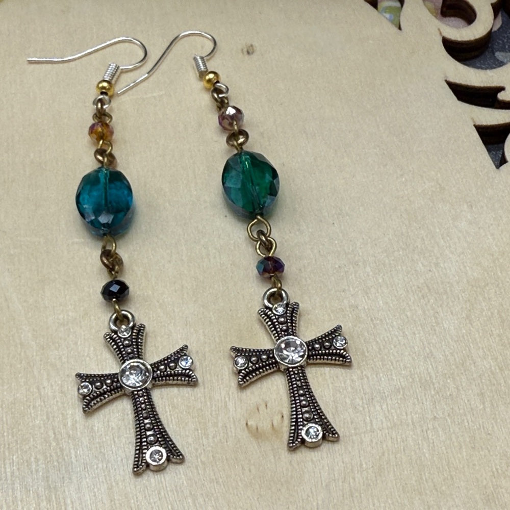 Adorned Crown Jewelry assemblage green crystal bead cross long earrings