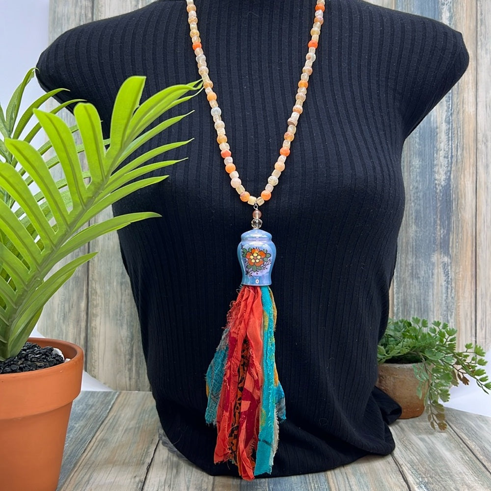 Adorned Crown Jewelry assemblage ceramic shaker tassel stone bead necklace