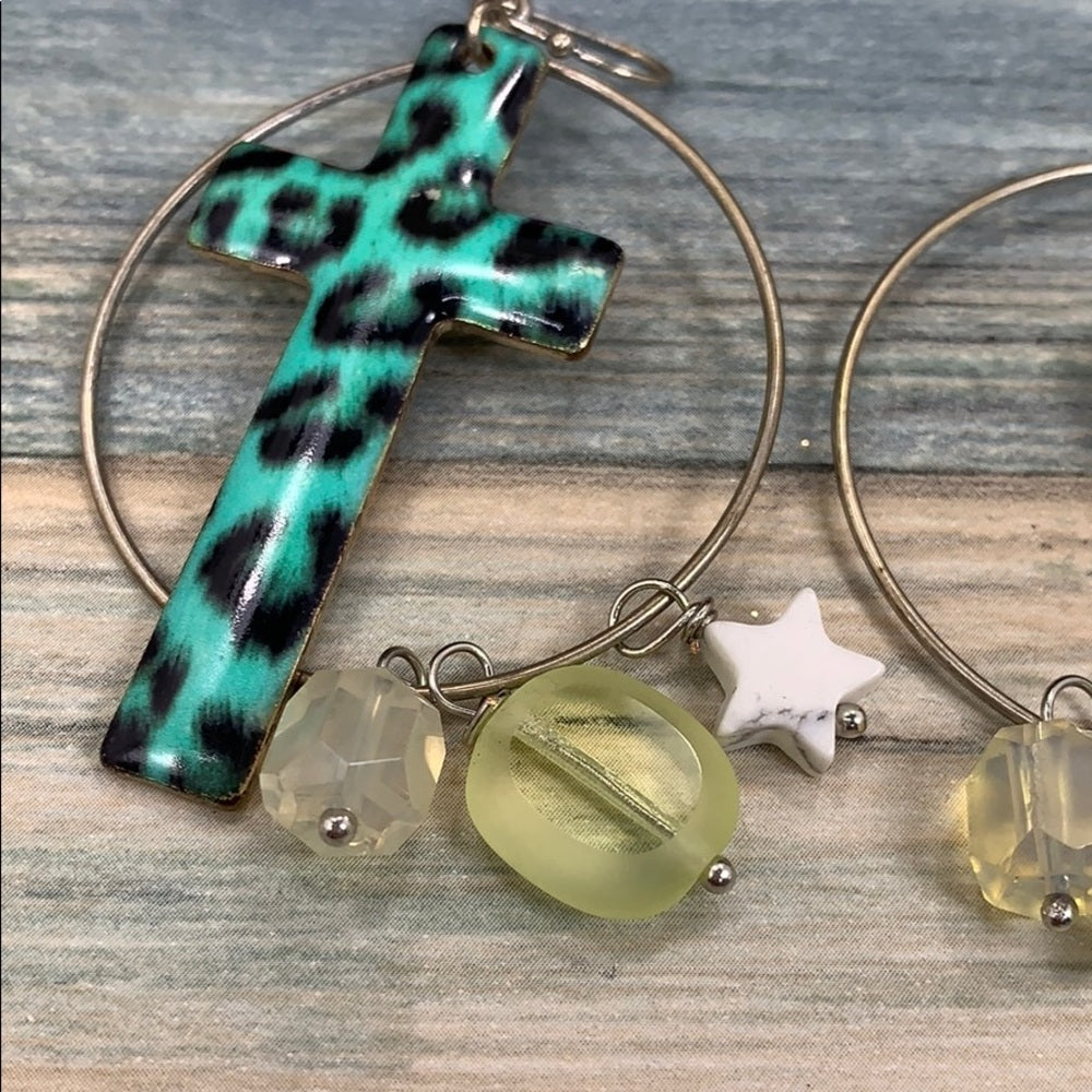 Adorned Crown assemblage teal leopard pattern cross gem drop earrings