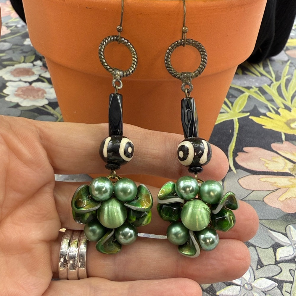 Adorned Crown Jewelry assemblage green cluster bone drop long earrings