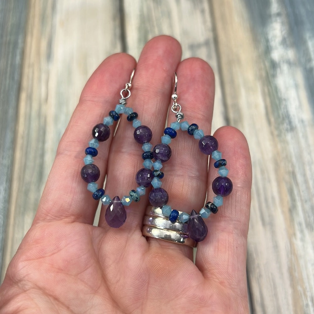 Adorned Crown Artisan Assemblage amethyst jasper blue crystal hoop earrings