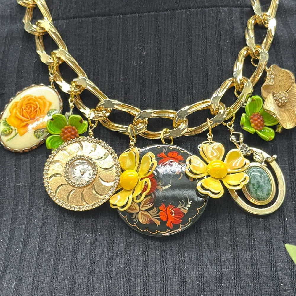 Adorned Crown Jewelry assemblage chunky charm yellow green flower necklace