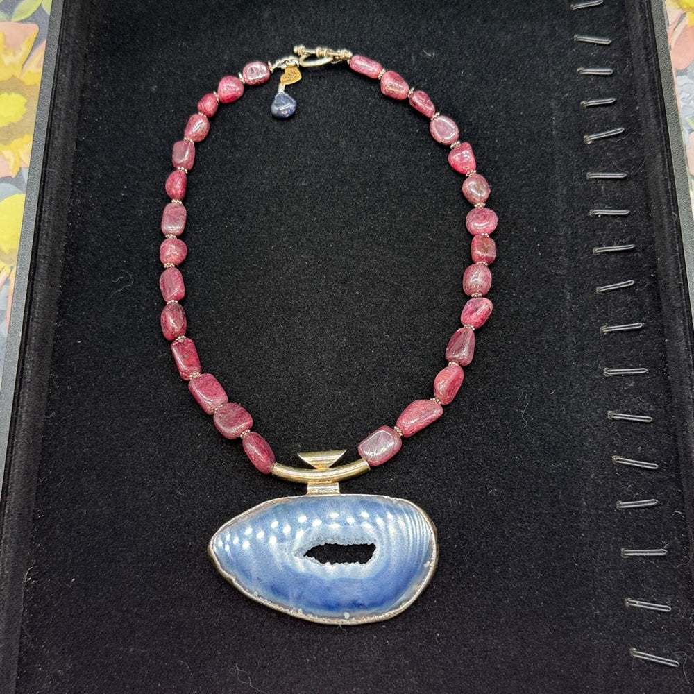 Adorned Crown Jewelry assemblage natural ruby blue agate slice necklace