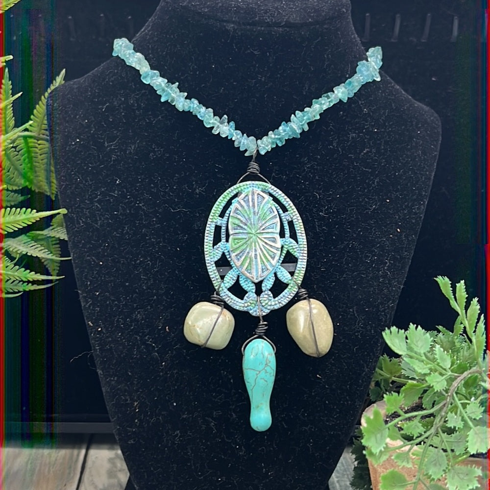 Adorned Crown necklace artisan assemblage fluorite turquoise stone & metal