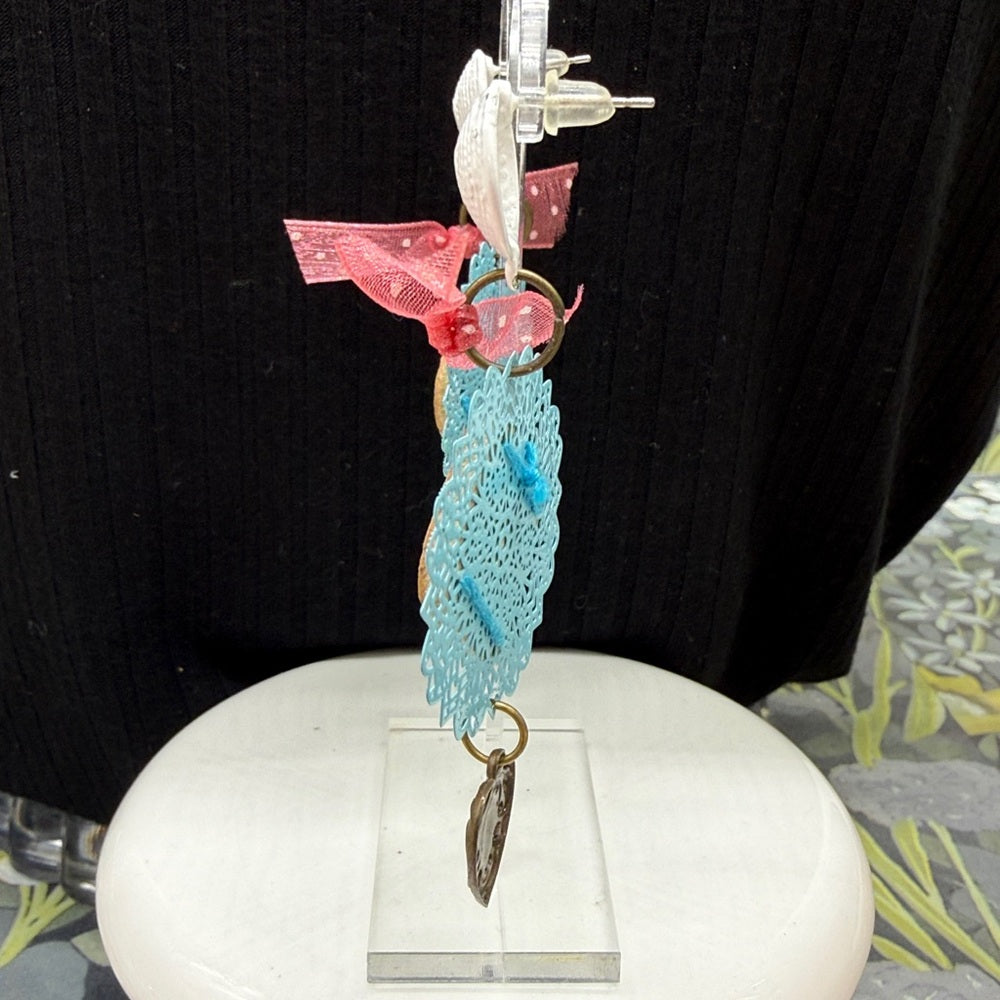 Adorned Crown Jewelry assemblage teal multi color bird heart earrings