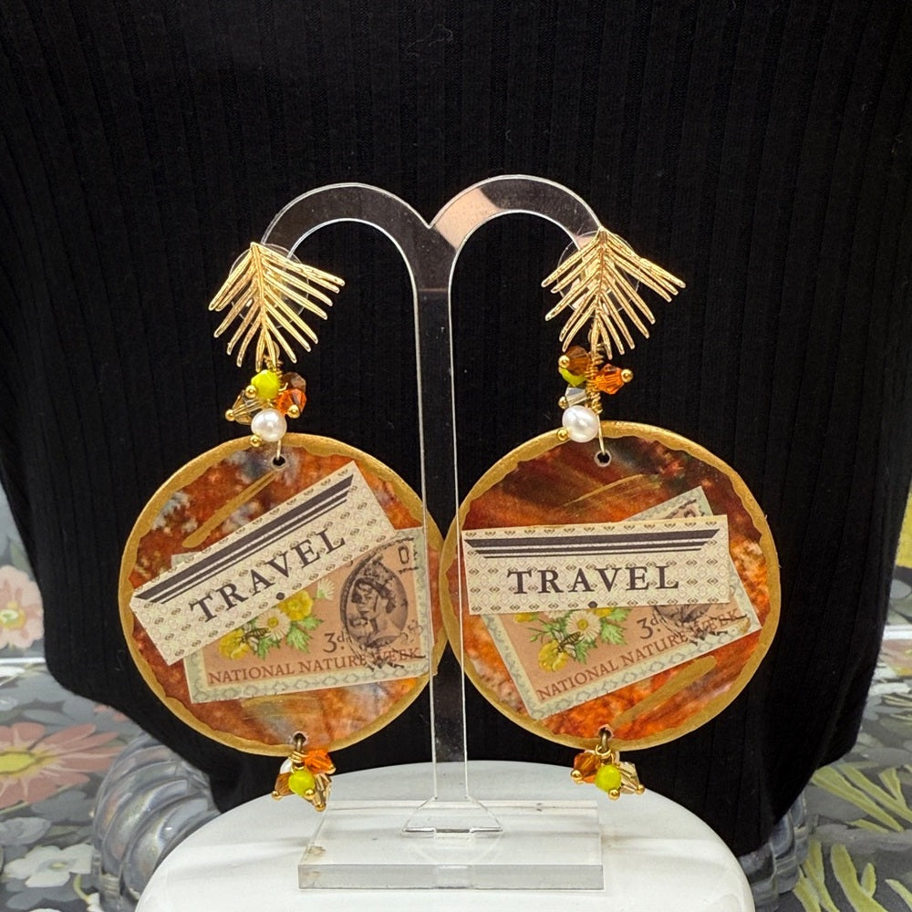 Adorned Crown Jewelry assemblage wood disc travel fall post statement earrings