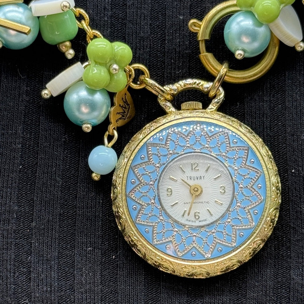 Adorned Crown Jewelry assemblage blue green watch starburst Czech necklace