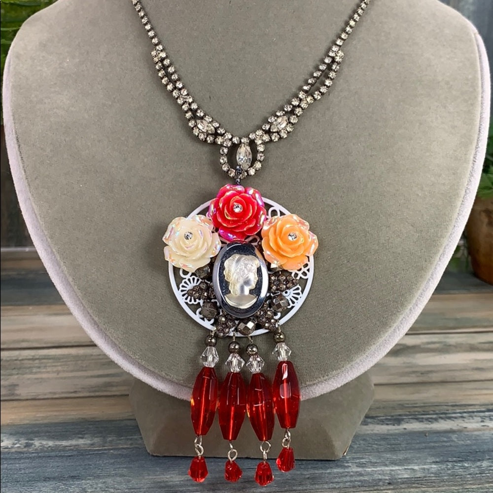 Adorned Crown artisan assemblage red cameo cluster crystal necklace