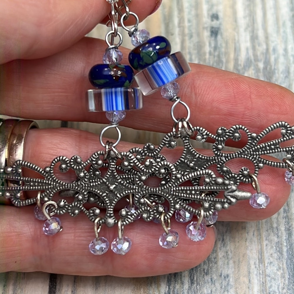 Adorned Crown Artisan Assemblage blue bead filigree chandelier earrings