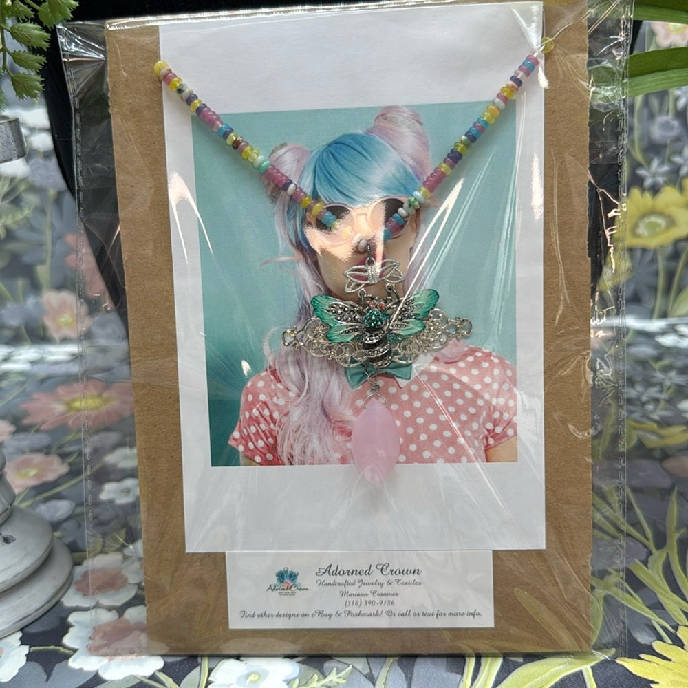 Adorned Crown Jewelry assemblage pastel gemstone bead teal enamel bee necklace
