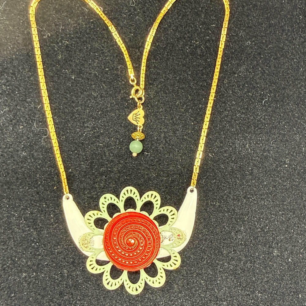 Adorned Crown Jewelry assemblage flower enamel red glass button necklace