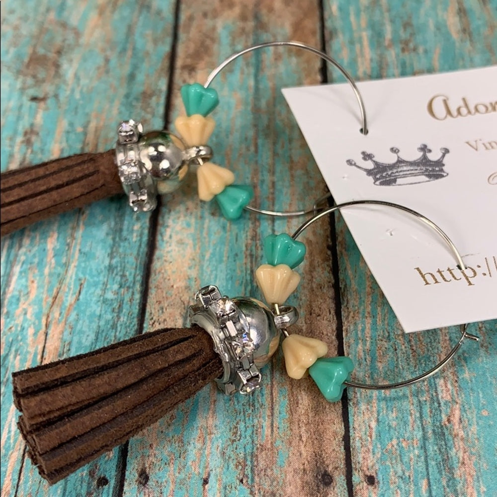 Adorned Crown assemblage leather tassel hoop lightweight boho earrings