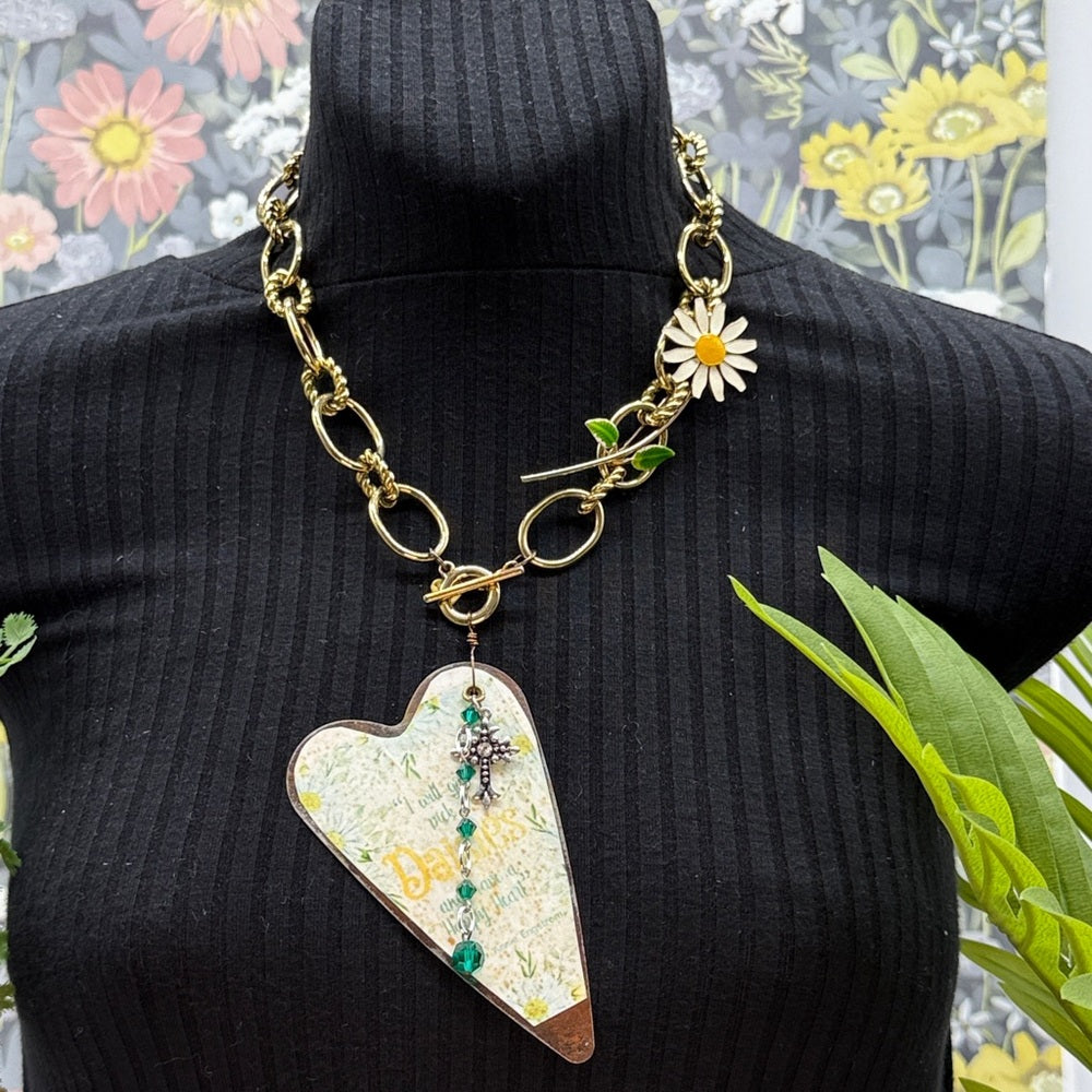 Adorned Crown Jewelry assemblage yellow rusty heart daisy flower necklace