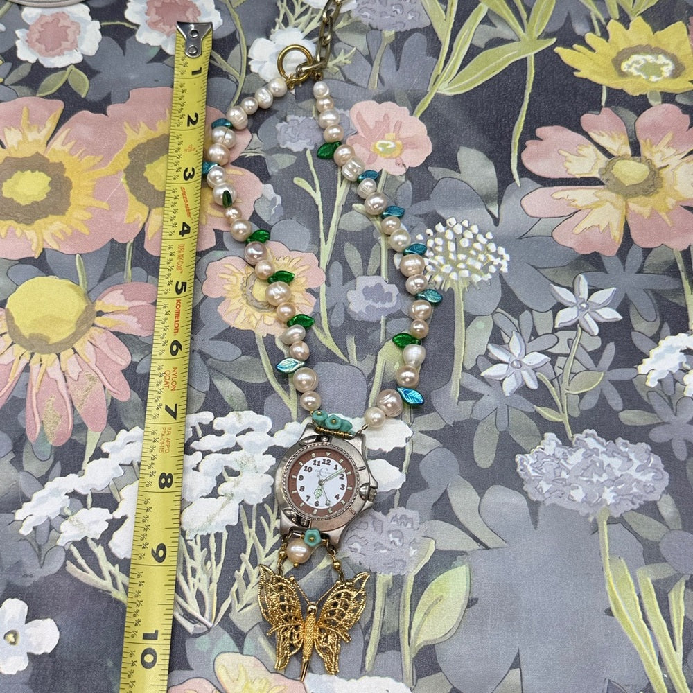 Adorned Crown Jewelry assemblage Pearl Czech glass watch butterfly necklace