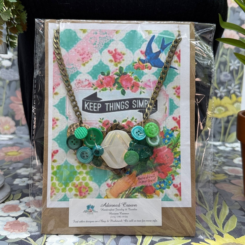 Adorned Crown Jewelry assemblage vintage button bib collage green necklace