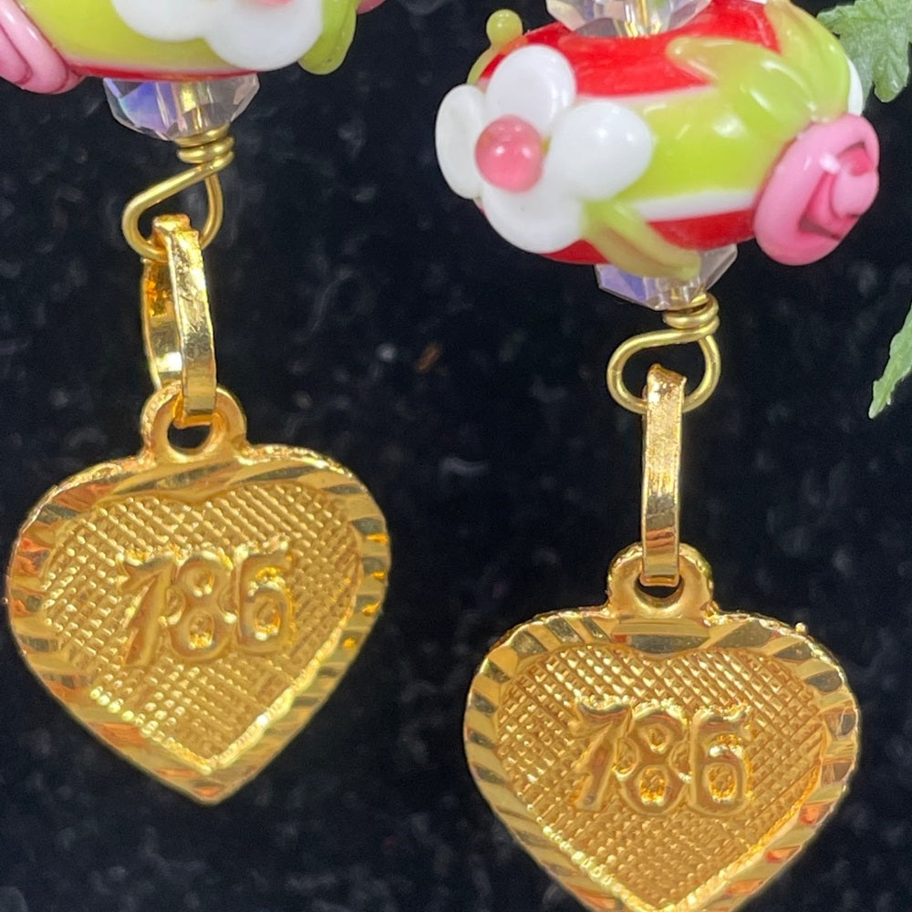 Adorned Crown lamp work floral bead heart charm earrings