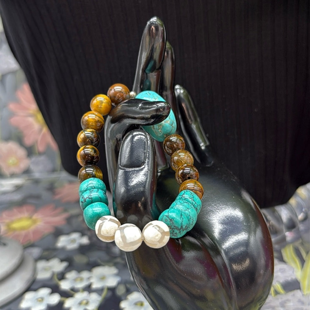 Adorned Crown Jewelry assemblage stretch beaded turquoise cross bracelet