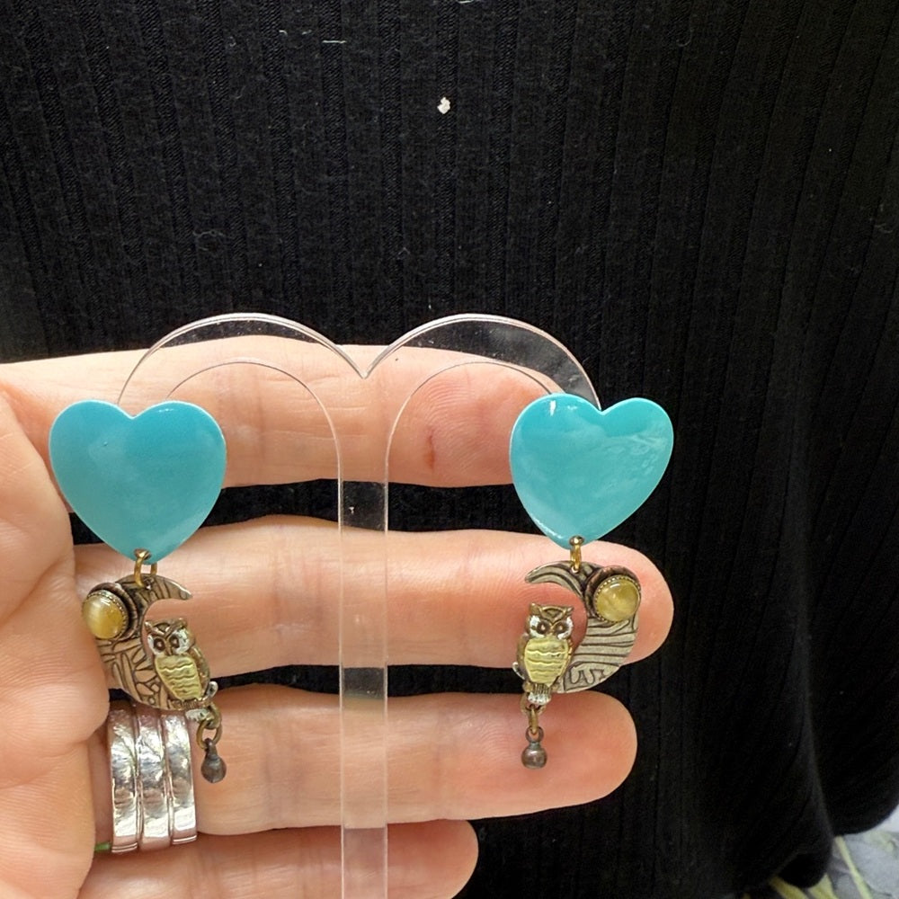 Adorned Crown Jewelry assemblage teal heart enamel owl moon drop post earrings