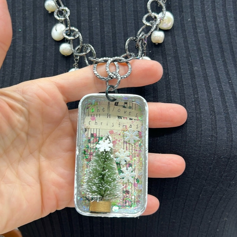 Adorned Crown Jewelry assemblage she loves Christmas shadow box necklace