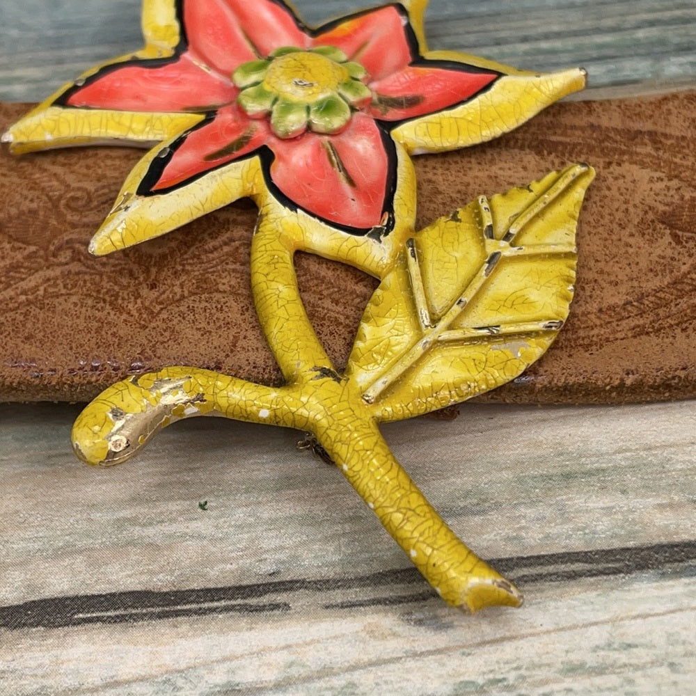 Adorned Crown assembled leather cuff enamel flower mid century boho bracelet