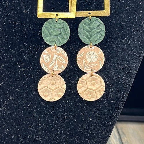 Adorned Crown Artisan Assemblage green leather brushed brass arch earrings