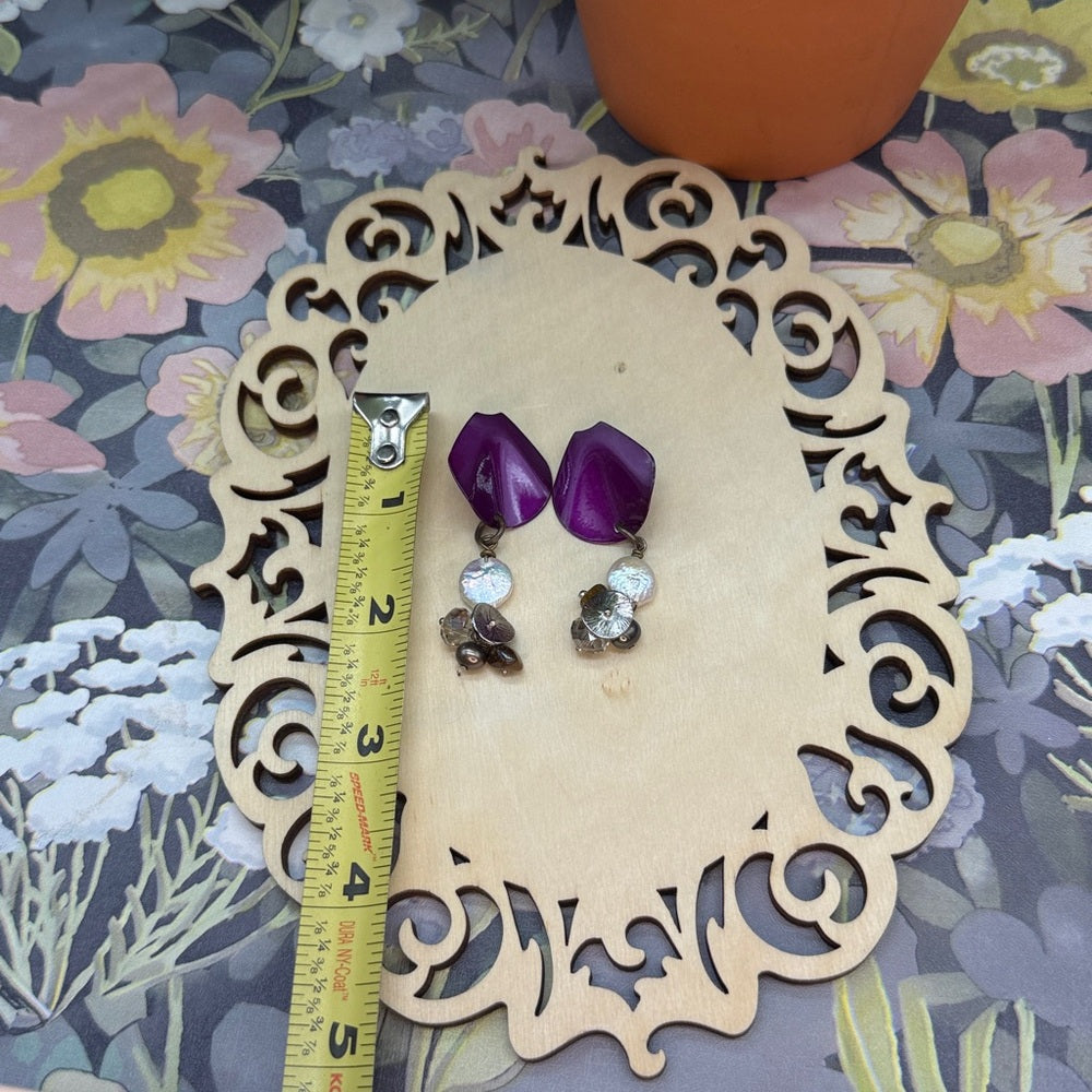Adorned Crown Jewelry assemblage purple enamel post pearl bauble bead earrings