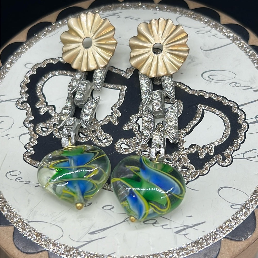 Adorned Crown Jewelry rhinestone lamp work glass heart bead post earrings
