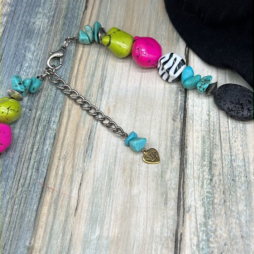 Adorned Crown Jewelry assemblage neon turquoise siren pendant tassel necklace